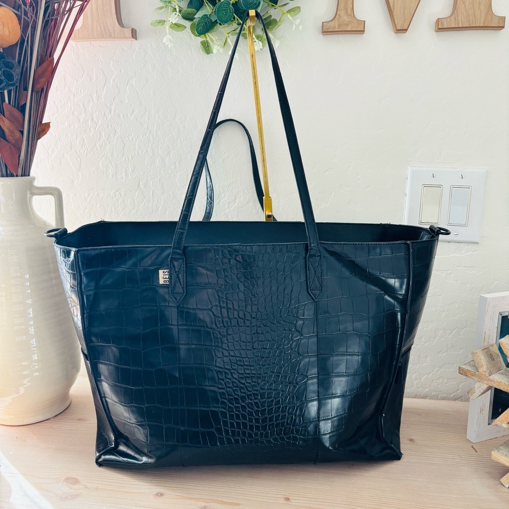 Beis Work Tote Oversized Elegant Black Crocodile-Embossed Tote Bag Women’s